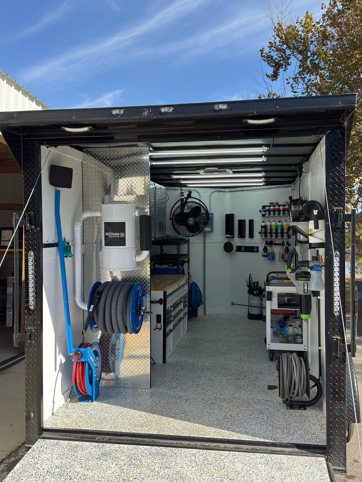 Fully equipped mobile detailing trailer interior